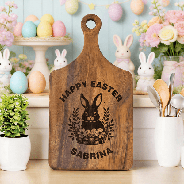 Personalized Happy Easter Cute Bunny Wooden Reversible Charcuterie Cutting Board with Engraved Names and Grip Easter Gift for Family Friends