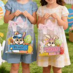 Personalized Cute Cartoon Rabbit Transparent Tote Bag with Pink Bow and Name Eggs Hunting Party Easter Gift for Boys Girls