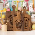 Personlig Happy Easter Cute Bunny Trä vändbar Charcuterie skärbräda med graverade namn och grepp Påskpresent till familj och vänner