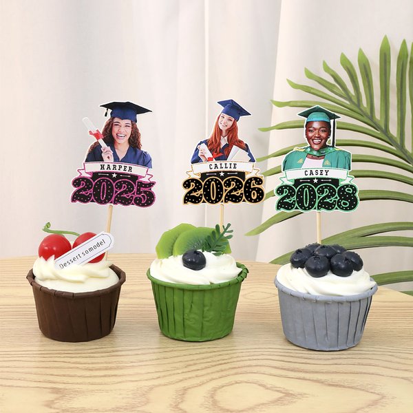Personalized Faux Glitter Face Photo Graduation Congrats Cupcake Toppers with Name Cookie Cake Decor Graduation Party Gift for Graduates