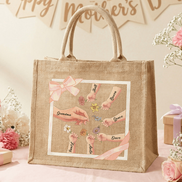 Personlig 1-6 Födelse Blommor Mamma Barn Små Händer Stor Jute Tote Bag med Namn Mors dag Födelsedagspresent till mamma Mormor