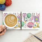 Personalised Yarn Crochet Hook Scissors Knitted Pattern Ceramic Mug with Coaster and Name Birthday Anniversary Gift for Women Knitting Lover