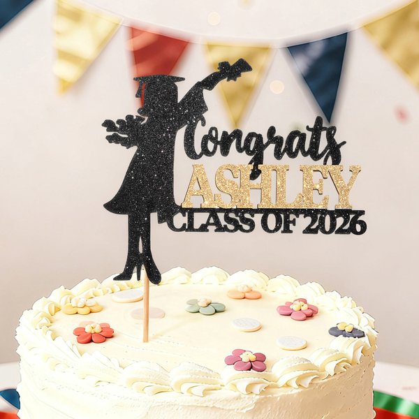 Personnalisé pailleté multicolore Graduate Silhouette Cake Topper avec nom et année Décoration de gâteau Graduation Season Party Gift for Graduates