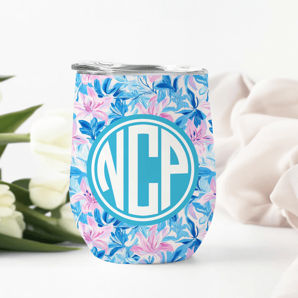 Personalizado Verano Flores Tropicales Monograma 12 oz Vaso de Vino Cumpleaños Aniversario Regalo para la Familia Amigos