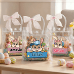 Personalized Cute Cartoon Rabbit Transparent Tote Bag with Pink Bow and Name Eggs Hunting Party Easter Gift for Boys Girls