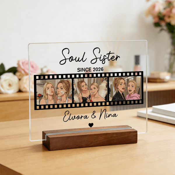 Personalized Film Strip 3 Photos Grating Acrylic Ornament with Title Date Name and Wooden Base Desk Decor Birthday Gift for Best Friend Family