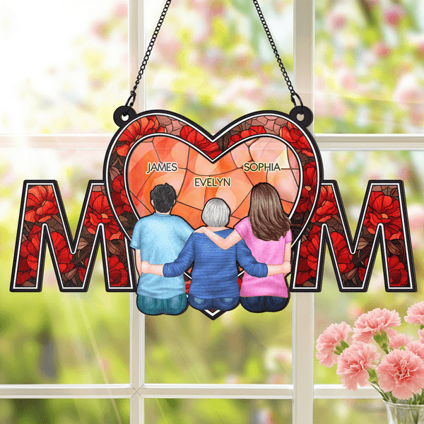 Personalized Cartoon Character Back View Heart Mom Window Hanging Suncatcher with Names Home Decor Mother's Day Birthday Gift for Woman