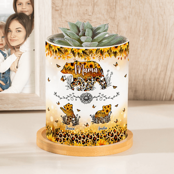 Personalized Watercolor Sunflower Leopard Print Mom-Baby Bear Ceramic Flower Pot with Names Mother's Day Birthday Gift for Mom