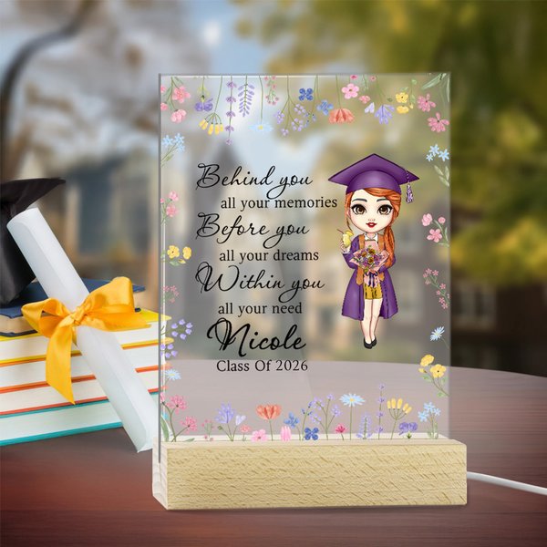 Personalized Floral Border Cartoon Graduation Girl Four-colour Adjustable LED Night Light with Wooden Base and Name Graduation Gift for Graduates