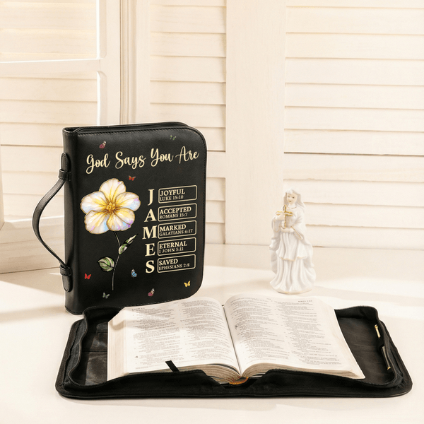 Personalisierte Gott sagt, ich bin Geburt Blume PU Leder Bibel Buchdeckel mit Reißverschluss und Tragegriff Taufe religiöses Tag Geschenk für Christen Frauen