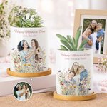 Henkilökohtainen akvarelli Photo Style Flower Keraaminen kasvi Potin nimi ja Bambu Base Äitienpäivä Syntymäpäivälahja äidille isoäitiille