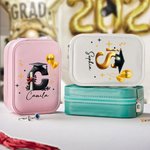 Personalized Balloon Grad Cap Initial Leather Jewelry Box with Name Year and LED Tri-Color Makeup Mirror Birthday Graduation Gift for Graduates