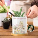 Henkilökohtainen akvarelli Photo Style Flower Keraaminen kasvi Potin nimi ja Bambu Base Äitienpäivä Syntymäpäivälahja äidille isoäitiille