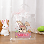 Personalisierte niedlichen Cartoon Kaninchen Transparent Tote Bag mit rosa Schleife und Name Eier Jagd Party Ostern Geschenk für Jungen Mädchen
