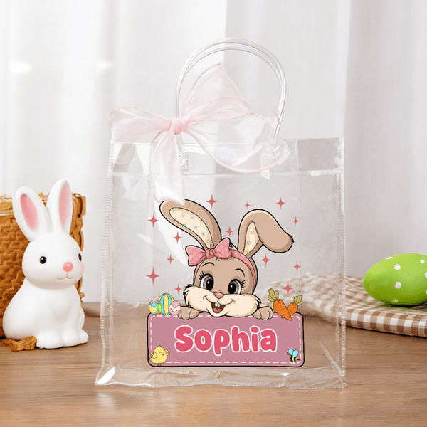 Personalizado lindo conejo de dibujos animados Bolsa transparente con lazo rosa y el nombre de los huevos de caza Fiesta de Pascua de Regalo para Niños Niñas