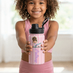 Personalised Cartoon Fitness Girl Vertical Stripe 12 oz/18 oz Insulated Water Bottle with Name Birthday Gift for Women Fitness Lovers
