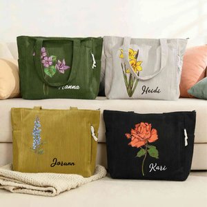 Personlig stor totebag i kordfløyel med fødselsblomst og navn til daglig bruk skulderveske bursdagsgave til kvinner