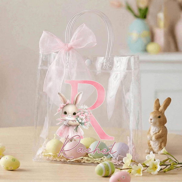 Sac à main personnalisé avec nom et noeud en ruban rose pour la chasse aux oeufs de Pâques Cadeau pour enfants