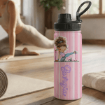 Personalised Cartoon Fitness Girl Vertical Stripe 12 oz/18 oz Insulated Water Bottle with Name Birthday Gift for Women Fitness Lovers