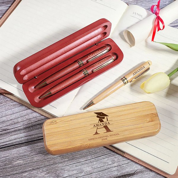 Personalized Engraved Graduation Cap Initial Wooden Ballpoint Pen and Case Set with Name School Name and Year Graduation Gift for Graduates