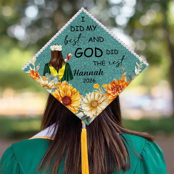 Personalized Glitter Birth Flower Back View Student I Did My Best Graduation Cap Topper Decoration with Name and Year Graduation Gift for Graduates
