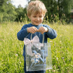 Personalisierte Aquarell Hase Handheld Bouquet Initial klar Geschenk Tasche mit Namen und rosa Schleife Band Ostereierjagd Party Geschenk für Kinder