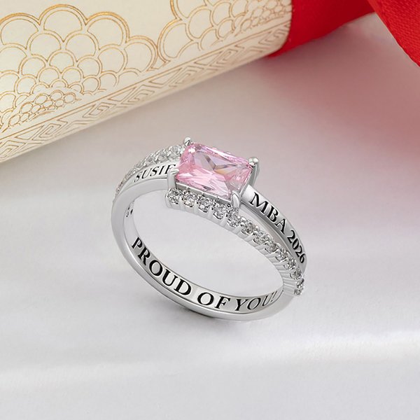Personalised Square Birthstone Zircon Ring with Engraved Name and Year Graduation Gift for Graduates