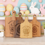 Personlig Happy Easter Cute Bunny Trä vändbar Charcuterie skärbräda med graverade namn och grepp Påskpresent till familj och vänner