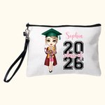 Spersonalizowana lniana kosmetyczka 2026 Cartoon Graduate Character z imieniem i nazwiskiem Uroczystość ukończenia szkoły Prezent urodzinowy dla kobiet i dziewcząt