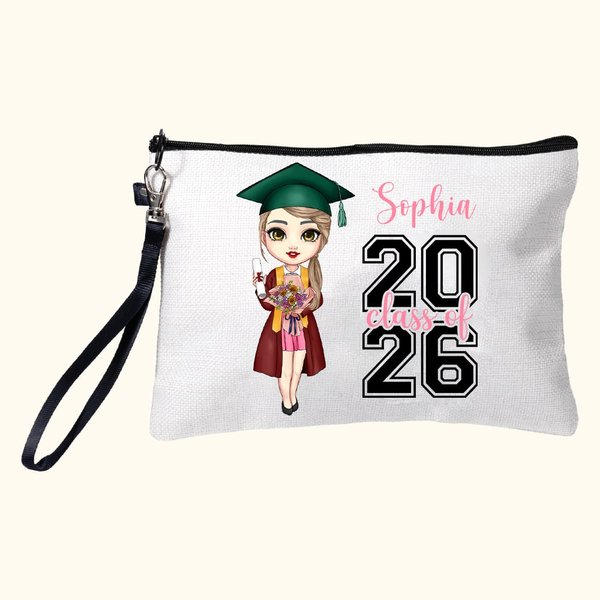Spersonalizowana lniana kosmetyczka 2026 Cartoon Graduate Character z imieniem i nazwiskiem Uroczystość ukończenia szkoły Prezent urodzinowy dla kobiet i dziewcząt