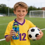 Personalised Cartoon Soccer Character Face Photo Name 16 oz Water Bottle with Silicone Straw and Handle Birthday Back to School Gift for Boys Girls