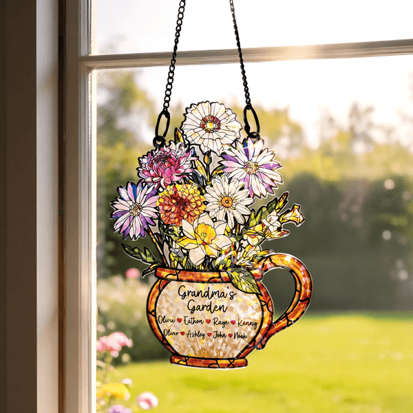 Personalized Grandma's Garden Birth Flower Stained Glass Design Suncatcher with Title and 1-10 Names Mother's Day Gift for Grandma Mom
