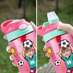 Personalised Cartoon Soccer Character Face Photo Name 16 oz Water Bottle with Silicone Straw and Handle Birthday Back to School Gift for Boys Girls