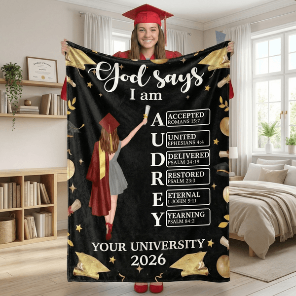 Personalized Cartoon Graduate Character God Says I Am Bible Name Soft Throw Blanket with Year and School Graduation Gift for 2026 Graduates