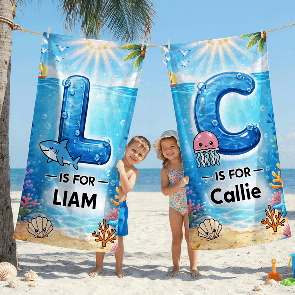 Toalla de playa y bolsa de secado rápido personalizadas con las iniciales de los simpáticos delfines del océano y su nombre Accesorio de vacaciones de verano Regalo de cumpleaños para niño y niña