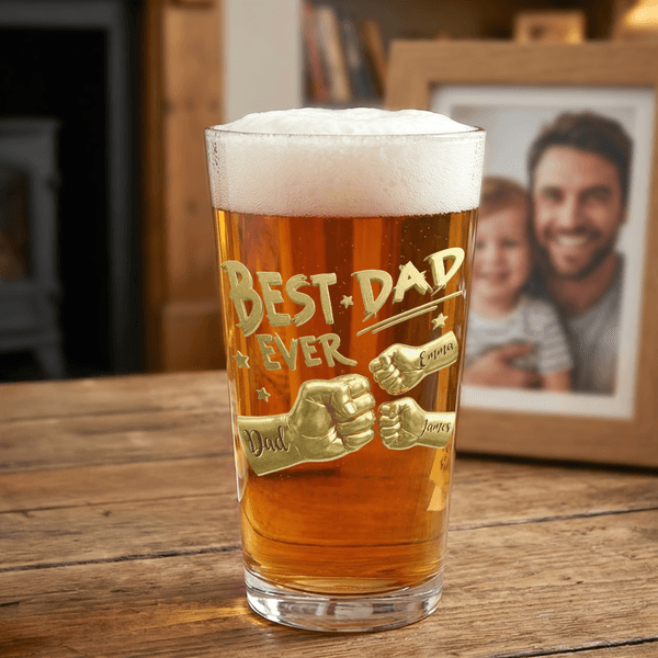Personalisierte Best Dad Ever Fist 16 oz Bierglas mit Namen Old Fashioned Vatertag Geburtstag Geschenk für Mann Bierliebhaber