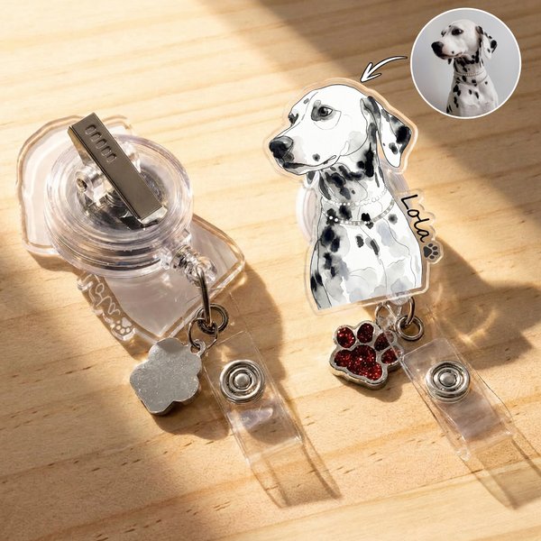 Acquerello personalizzato 1-3 foto di animali domestici Avvolgitore di badge retrattile con nome e charm zampa glitterato Regalo di compleanno per il personale medico amante degli animali domestici
