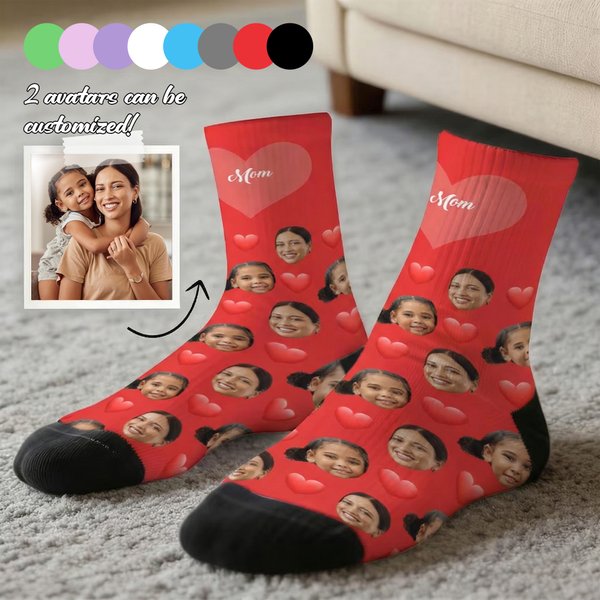 Henkilökohtainen Romanttinen Sydän Face Photo Mid-Calf / polvi korkea sukat tekstillä Äitienpäivä Isänpäivä Syntymäpäivälahja rakastaja Ystävä Vanhempi