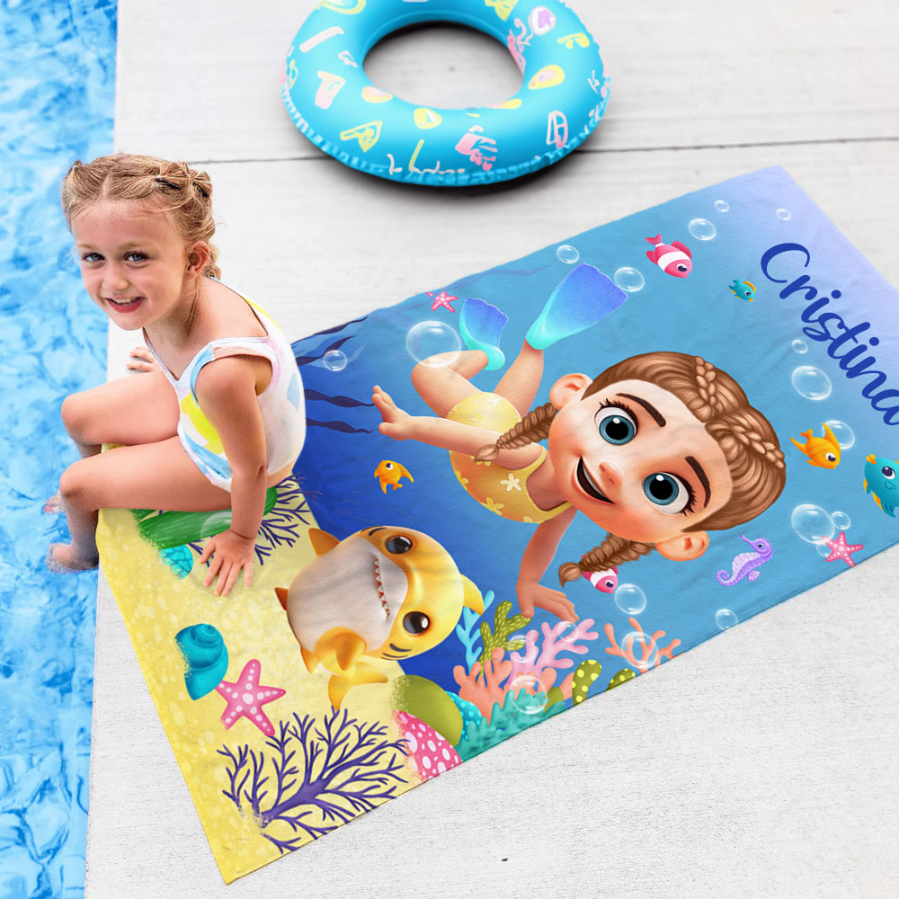 Toalla de playa personalizada de secado rápido con personaje 3D animales marinos y nombre para vacaciones en la playa regalo de cumpleaños para todos