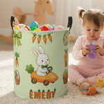 Panier à linge personnalisé en forme de lapin et de carotte avec nom et poignée Décoration de la maison Utilisation quotidienne Cadeau de Pâques pour les enfants