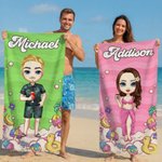 Personalised Cartoon Beach Character Quick Dry Oversized Beach Towel with Name and Drawstring Bag Summer Vacation Party Birthday Gift for Kids Family