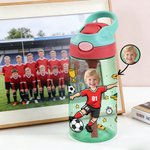 Personalised Cartoon Soccer Character Face Photo Name 16 oz Water Bottle with Silicone Straw and Handle Birthday Back to School Gift for Boys Girls