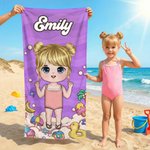 Personalised Cartoon Beach Character Quick Dry Oversized Beach Towel with Name and Drawstring Bag Summer Vacation Party Birthday Gift for Kids Family