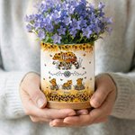 Personalised Watercolor Sunflower Leopard Print Mom-Baby Bear Ceramic Flower Pot with Names Mother's Day Birthday Gift for Mom