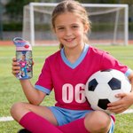 Personalised Cartoon Soccer Character Face Photo Name 16 oz Water Bottle with Silicone Straw and Handle Birthday Back to School Gift for Boys Girls