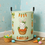 Panier à linge personnalisé en forme de lapin et de carotte avec nom et poignée Décoration de la maison Utilisation quotidienne Cadeau de Pâques pour les enfants