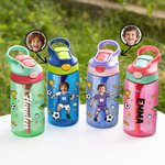 Personalised Cartoon Soccer Character Face Photo Name 16 oz Water Bottle with Silicone Straw and Handle Birthday Back to School Gift for Boys Girls