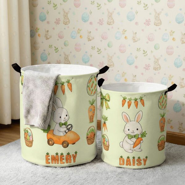Personalized Cute Rabbit Carrot Laundry Basket with Name and Handle Home Decor Daily Use Easter Gift for Kids