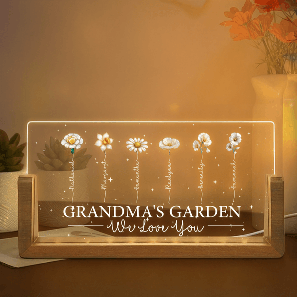 Personalized Grandma's Garden Birth Flower Rectanglar Acrylic LED Night Light with Wooden Base and Name Mother's Day Gift for Mom Grandma