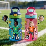 Personalised Cartoon Soccer Character Face Photo Name 16 oz Water Bottle with Silicone Straw and Handle Birthday Back to School Gift for Boys Girls